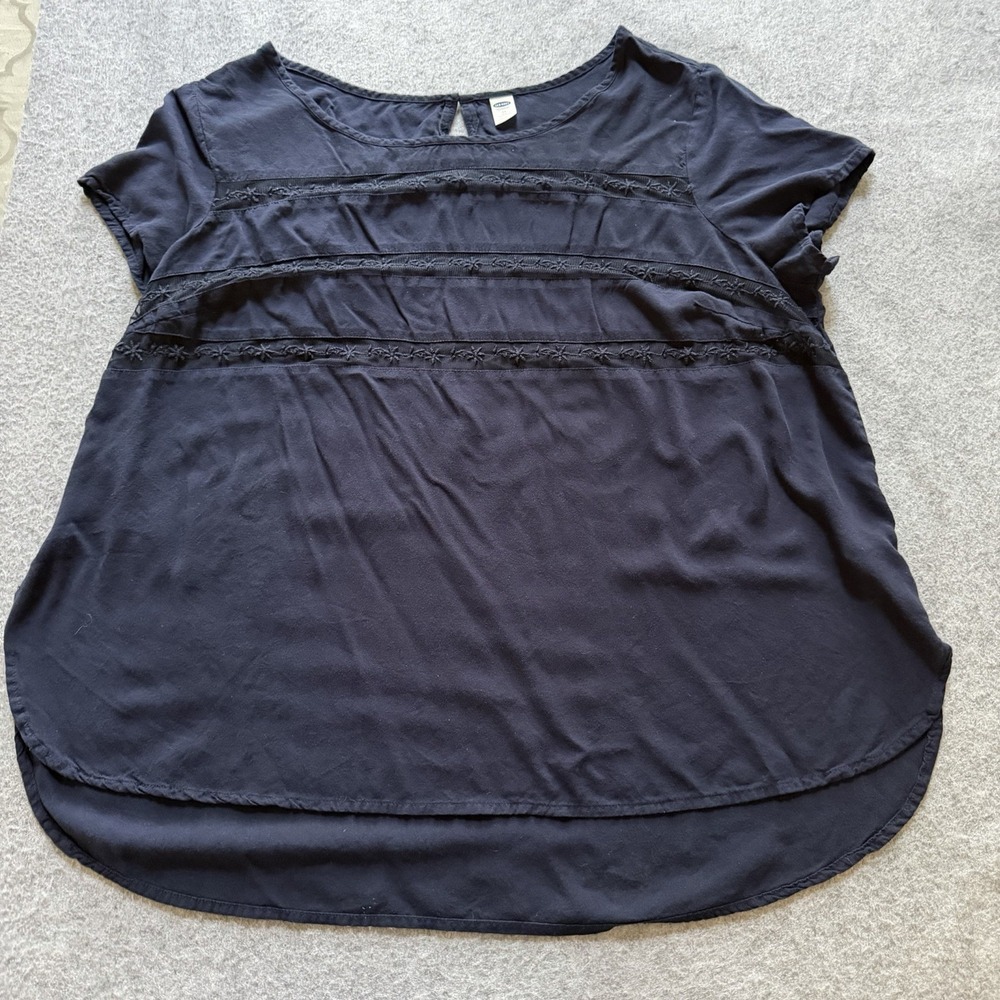 Old Navy Women's Short Sleeve Blouse Sheer Lace Crochet Panels Navy Size 2X Plus